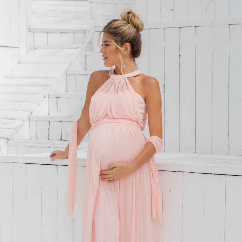 Light Pink Halter Tulle Maternity Evening Gown